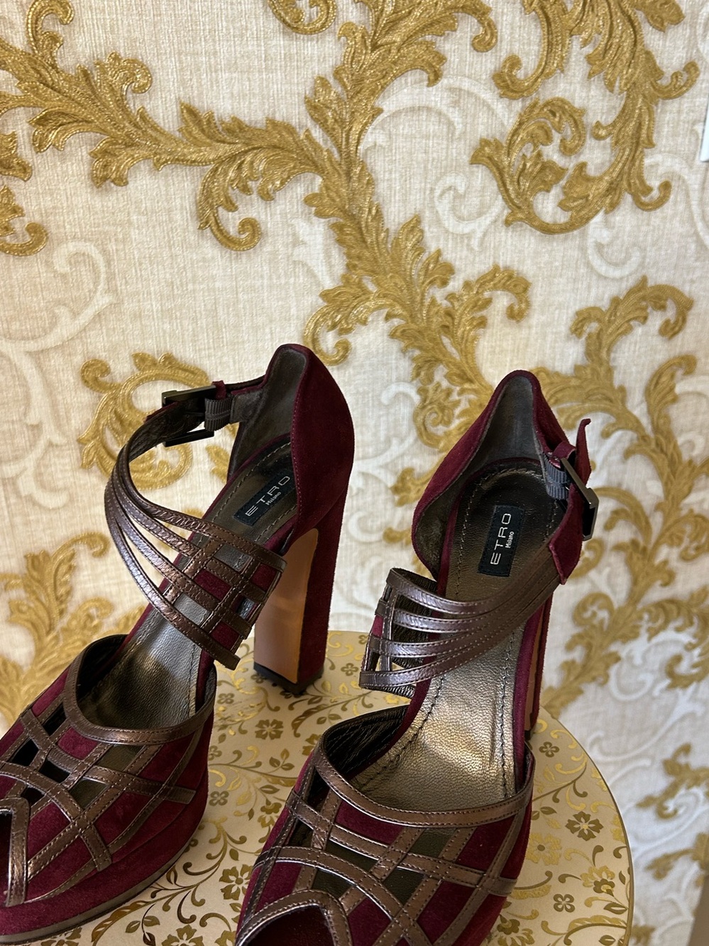 Etro Burgundy Suede and Metallic Brown Strappy Block Heels